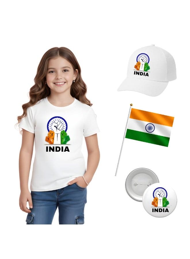 Indian Republic Day Gift Set for Girls - T-Shirt - Cap - Badge and Flag Set - Pack of 4 Kids Combo - Perfect for Independence Day — 4 Years