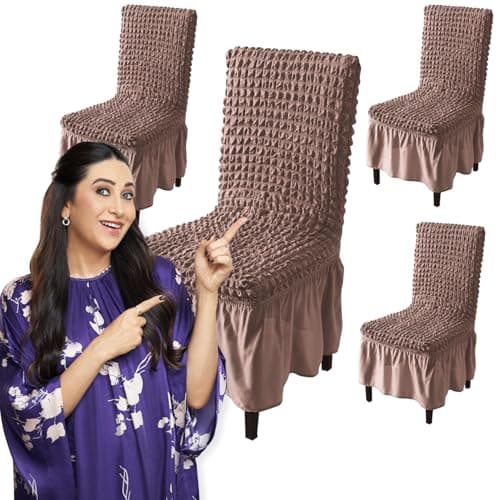 HOKIPO Stretchable Set of 4 Elastic Bubble Dining Chair Slipcovers with Frills, Mocha (AR-5258-MCH*4), light brown