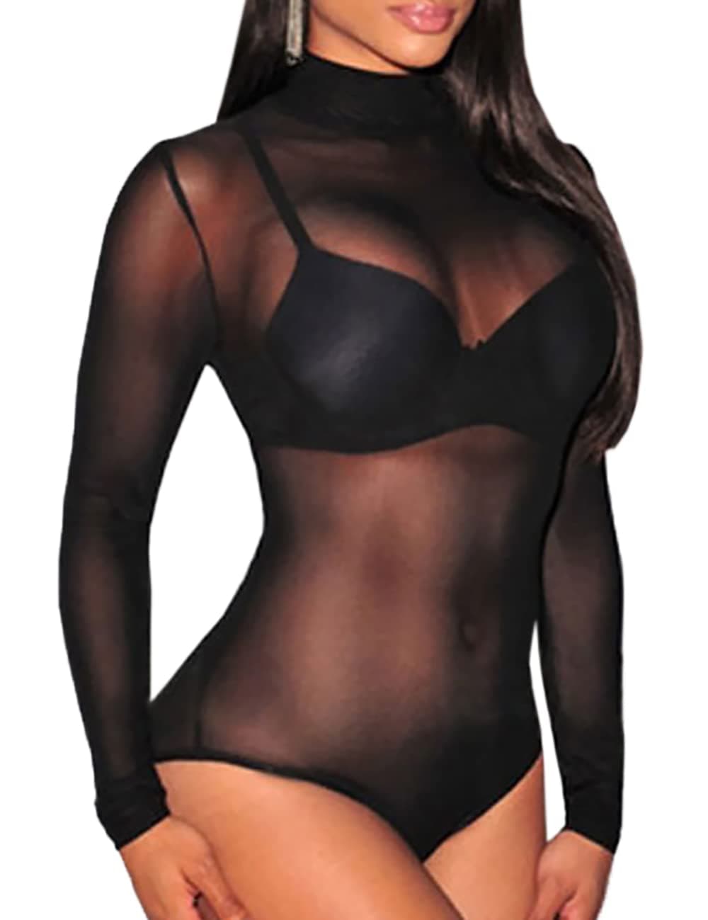 Eiffel Women's Sheer Mesh See Through High Neck Leotard Bodysuit Jumpsuit Romper Tops Black (XL)