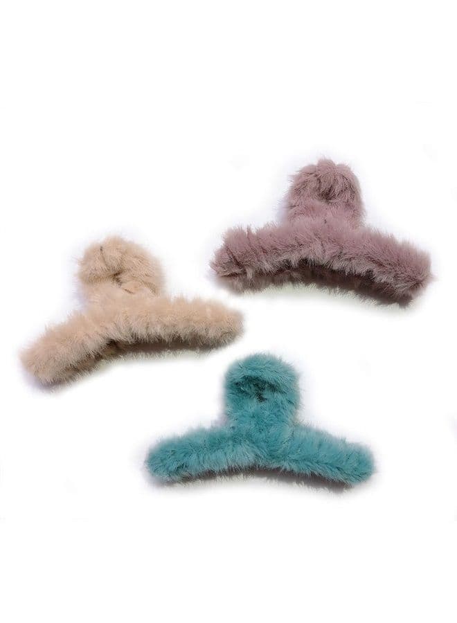 Plush Hair Claw Clips,Big Hair Clips For Thick Hair,Hair Clips For Women Hair Accessories,Large Hair Clips For Girls,Cute,Colorful,Fashion,Faux Fur Hair Clips(White+Purple+Blue)