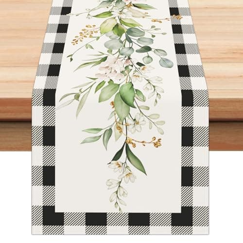 Bonhause Green Eucalyptus Leaves Flowers Table Runner 13x72 Inch Black White Buffalo Plaid Spring Plants Kitchen Dining Table Decoration for Indoor Outdoor Home Party Decor