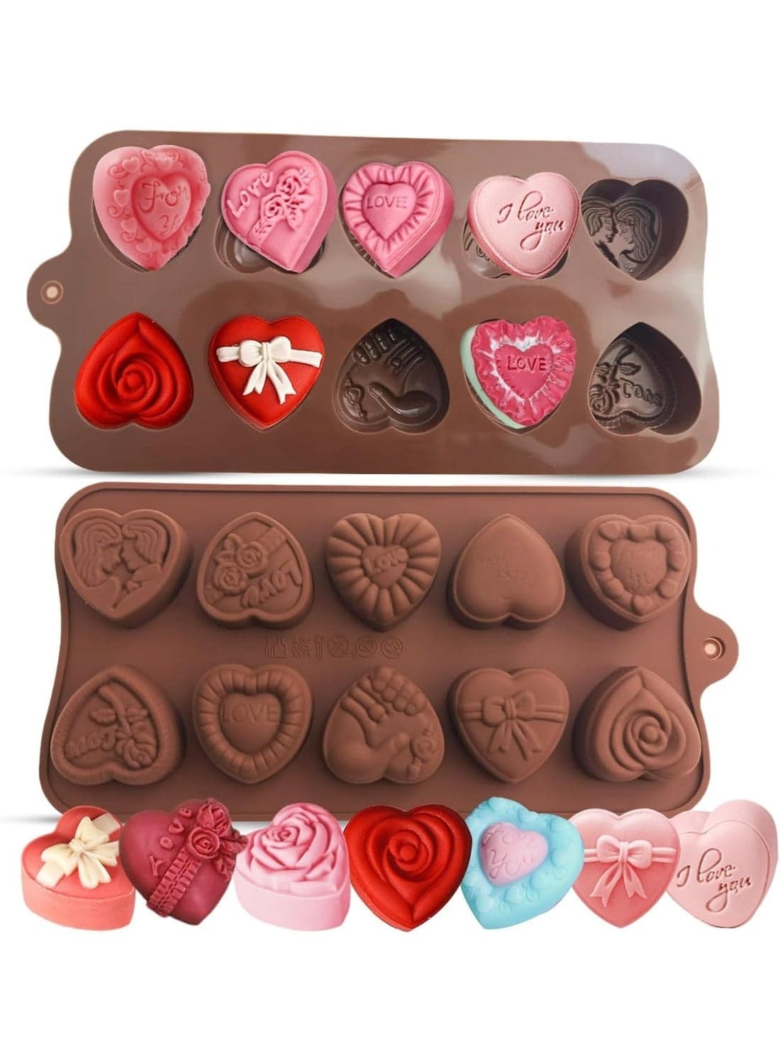 2PCS Heart Chocolate Molds, 10-Design Love Rose Silicone Molds, Non-Stick Baking Molds for DIY Valentine's Day Chocolate, Candy, Ice Cubes