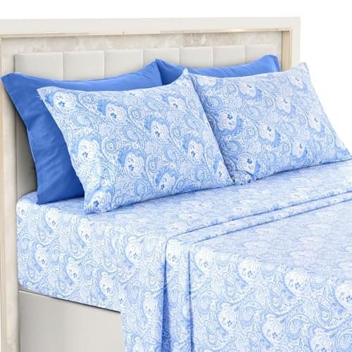 Ultra Soft Wrinkle-Free Microfiber Paisley King Sheet Set, Cute Floral Pattern Boho Print – 16" Deep Pocket Fitted Sheet, Flat Sheet & 4 Pillowcases, Breathable, OEKO-TEX - White/Blue