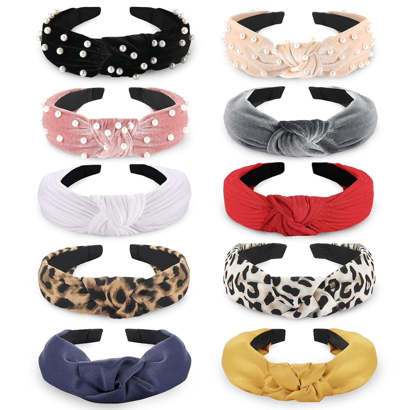 Funtopia Fashion Headbands for Women Girls 10 Pcs Knotted Pearl Wide Top Knot Turban Hair Bands Hoops Vintage Velvet Leopard Print