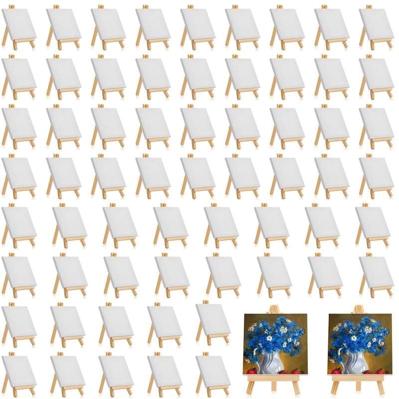 Mimorou End of Year Gifts 32 Pack 5 x 5 Inch Mini Canvases with Easel Sets for Painting Small Art Stretched Canvases Panels Pack with Wood Display Easel for Kids Classroom Crafts Back to School