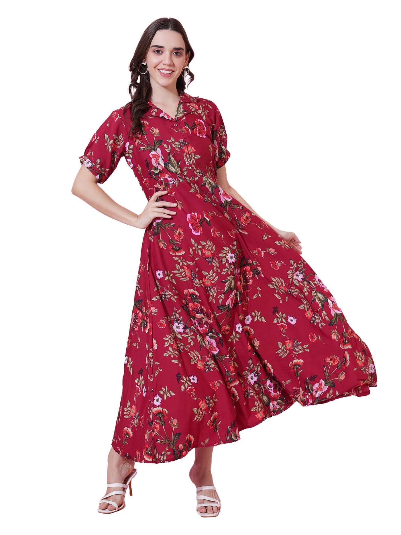Indietoga Women's Plus Size Printed Long Maxi Dress (10001249_Maroon Floral_3XL)