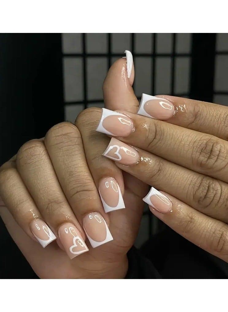 24pcs Minimalist Style Fake Nails, White French Tip Press On Nails With Cute Heart Design, Glossy Medium Square False Nails For Women Girls Daily Wear