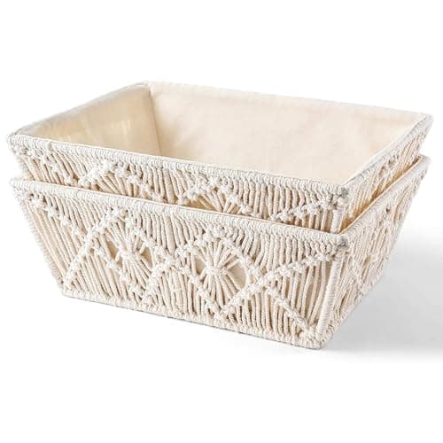 KAAHIRA Set of 2 Boho Decor Macrame Storage Baskets Tray with Wooden Handle and Cotton Lining Countertop Cabin Organizer Home, Office and Events