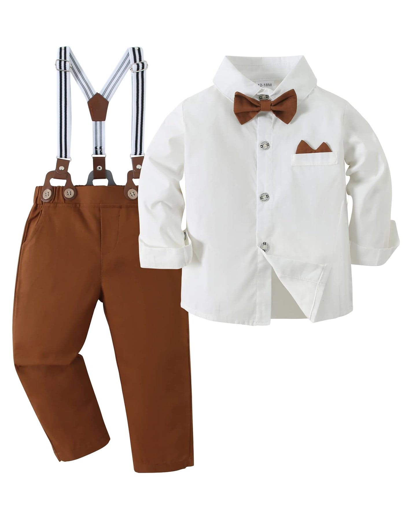 YALLET Toddler Baby Boy Clothes Suit Gentleman Outfits Formal Dress Shirt Bowtie Suspender Pants Wedding PartyL White 45T