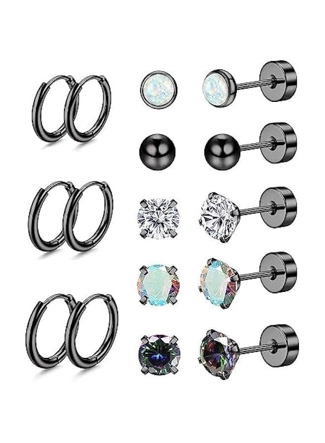 Surgical Steel Earrings for Sensitive Ears Hypoallergenic 20G Stainless Steel Stud Hoop Earrings for Women Men Small Opal Ball CZ Surgical Steel Flat Back Earrings Cartilage Earrings Hoop Stud