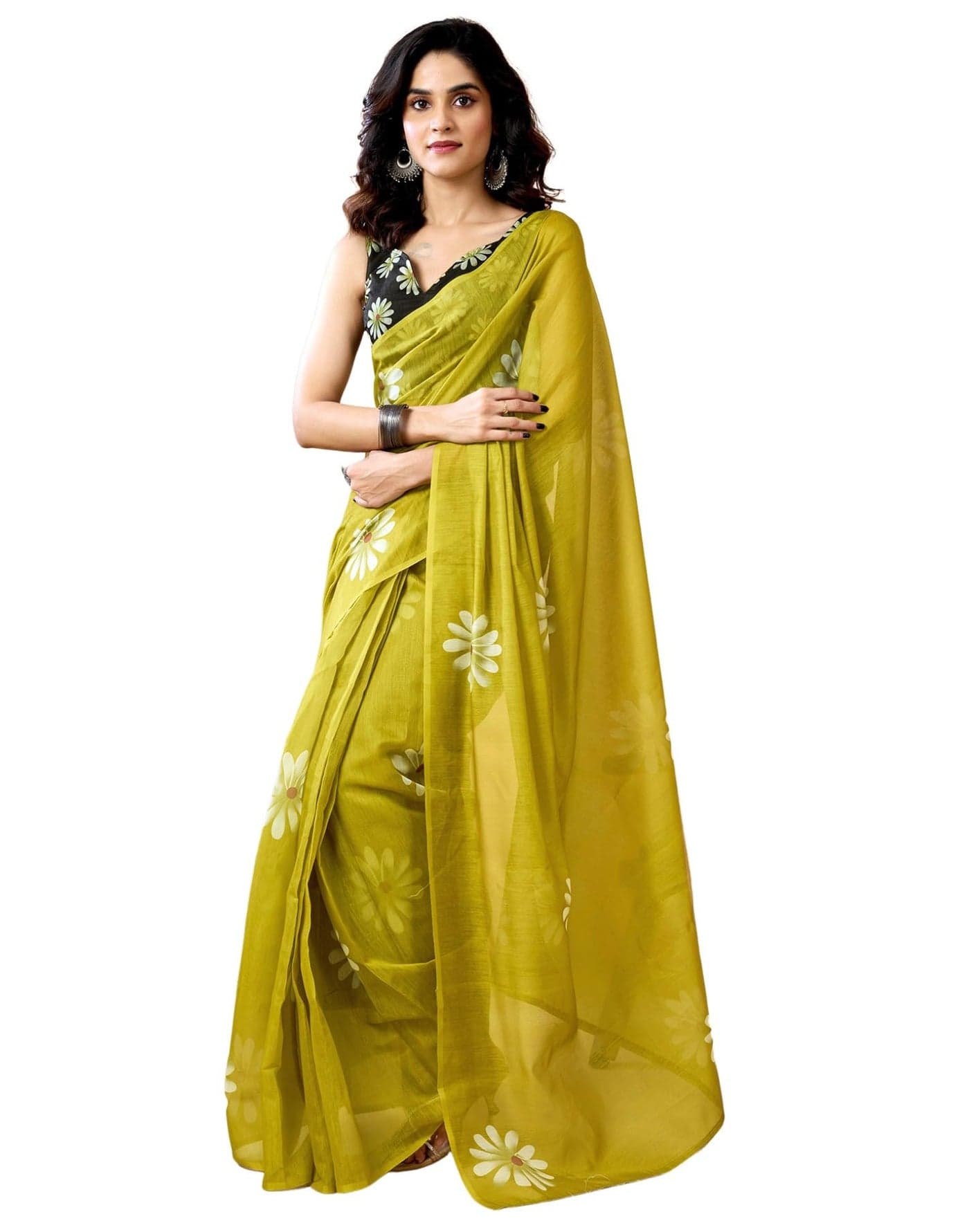 SIRIL Women's Chanderi Cotton Ready To Wear Saree, Printed One Minute Saree with Unstitched Blouse Piece (42RS375_Olive Green)