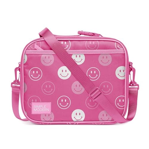 Simple Modern Hadley with Shoulder Strap | Lunch Box for Kids, Teens, and Adults | Insulated Bag for Girls, Boys, Women, Men | Meal Containers with Exterior and Interior Pockets | Pink Happy Faces