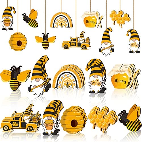 Karenhi 30 Pcs Bee Ornaments Bee Christmas Tree Decorations Spring Summer Wooden Hanging Ornament Honeybee Bumble Gnome with Rope for Small Trees Baby Shower Birthday Themed Party Favors Supplies