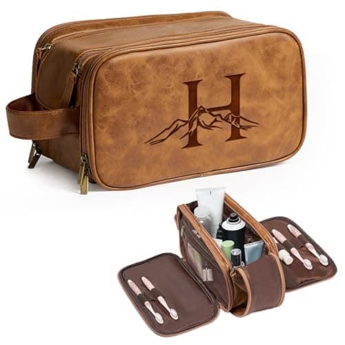 Janhavi Leather Toiletry Bag for Men Gifts for Father Engraved Initials Mountain Waterproof Travel Bag Groomsmen Gifts Mens Toiletry Travel Bag Mens Accessories Organizer Brown H
