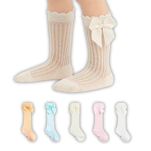 GUCHIGU Unisex Baby Knee High Socks Toddlers Breathable Cute Print Sock Anti-mosquito Long Knit 5 Pair Cotton Ankle Mesh Socks for Little Kids Boys Girls (6-24 Months, Pack of 5)