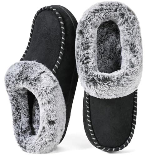 ULTRAIDEAS Women's Memory Foam House Slippers with Hard Bottom, Fur Lined House Shoes with Non-Slip Rubber Sole for Indoor & Outdoor (Black, 7-8)