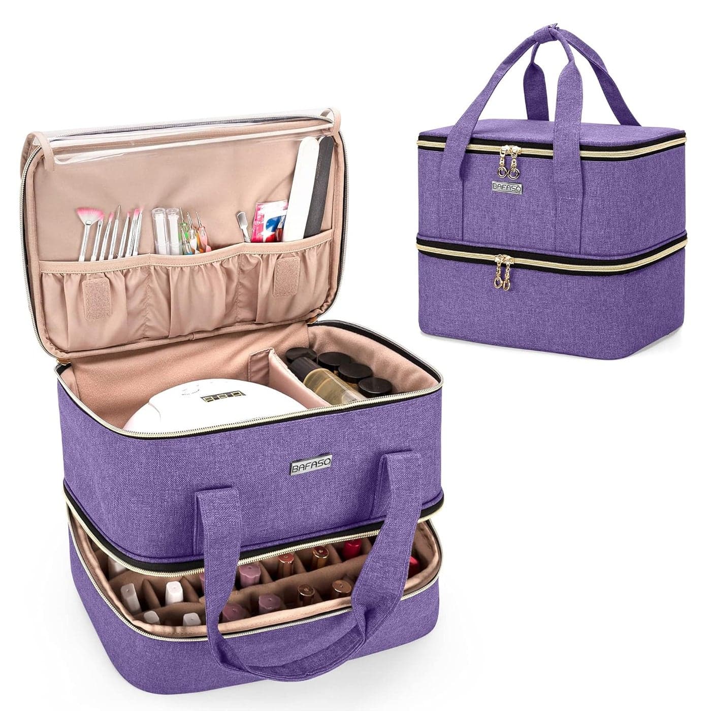 BAFASO Nail Polish Organizer Holds 40 Bottles (15ml - 0.5 fl.oz) and a Nail Lamp, Nail Polish Carrying Case with Manicure Tools Storage Sections (Bag Only), Purple