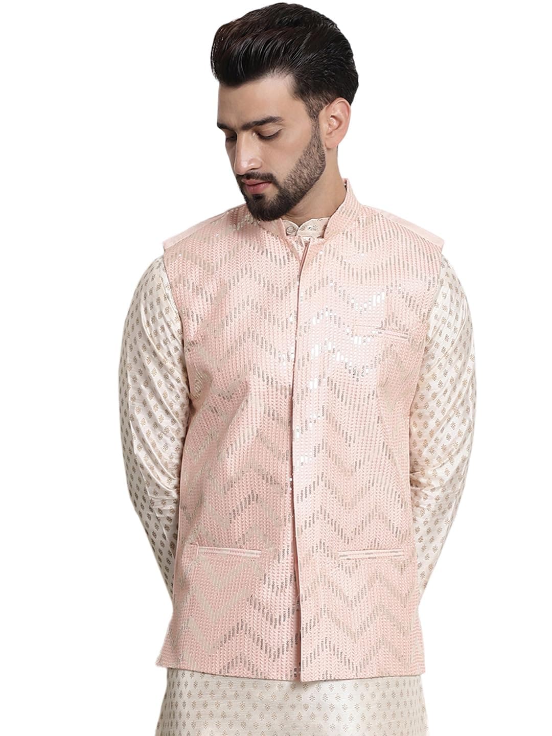 SOJANYA (Since 1958 Men's Silk Blend, Gold Sequence Embroidered Peach Color Nehru Jacket