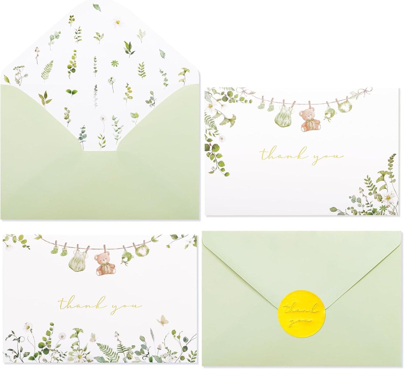 Crisky Sage Green Baby Shower Thank You Cards with Envelopes Stickers50 Pack Eucalyptus Baby Thank You Cards Bulk with Watercolor Wildflower Design for Newborn Boy Girl Birthday