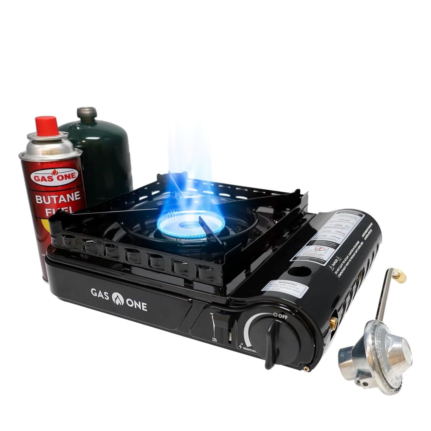 Gas One Dual Fuel Portable Stove 15,000BTU With Brass Burner Head, Dual Spiral Flame Gas Stove - Patent Pending