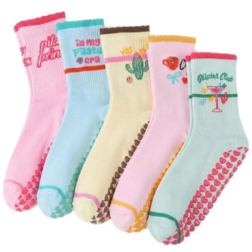 Halfchet 5 Pairs Women Pilates Grippy Socks Cute Non-slip Yoga Crew Socks Ruffle Grip Sock for Barre Fitness Hospital Workout(Pilates Party)