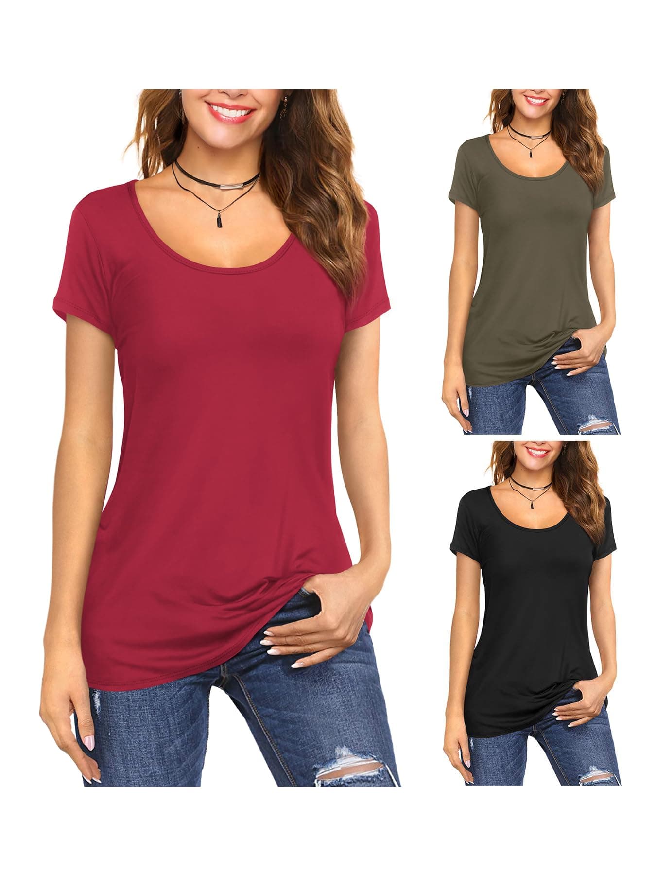 Amoretu Womens 3Pack Scoop Neck Short Sleeve Tees Long TShirt for Leggings L