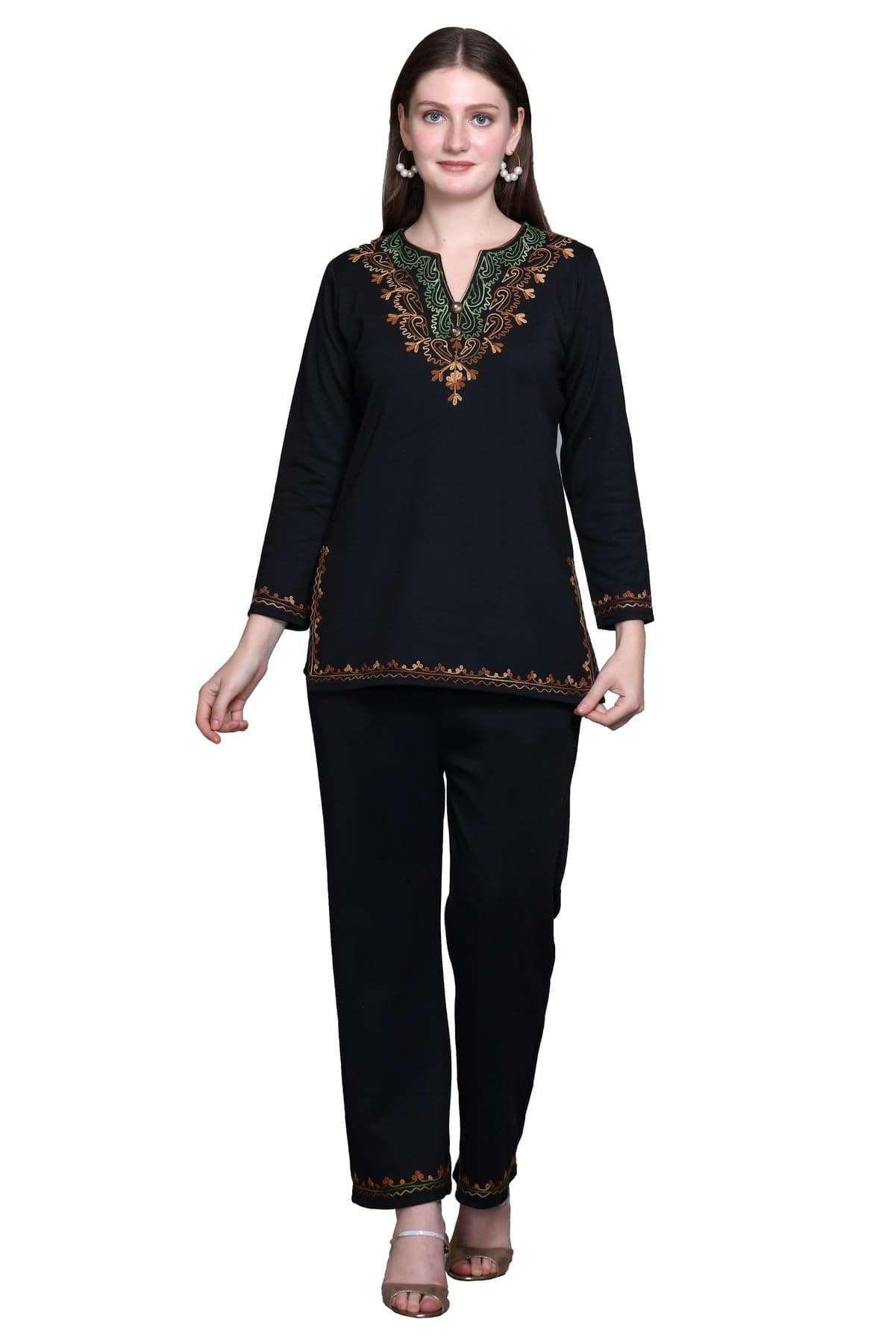 Rosary Women's Girls Woollen Winter Wear Co-ord Set Short Kashmiri Embroidery Phiran Ethnic Top with Pant Black