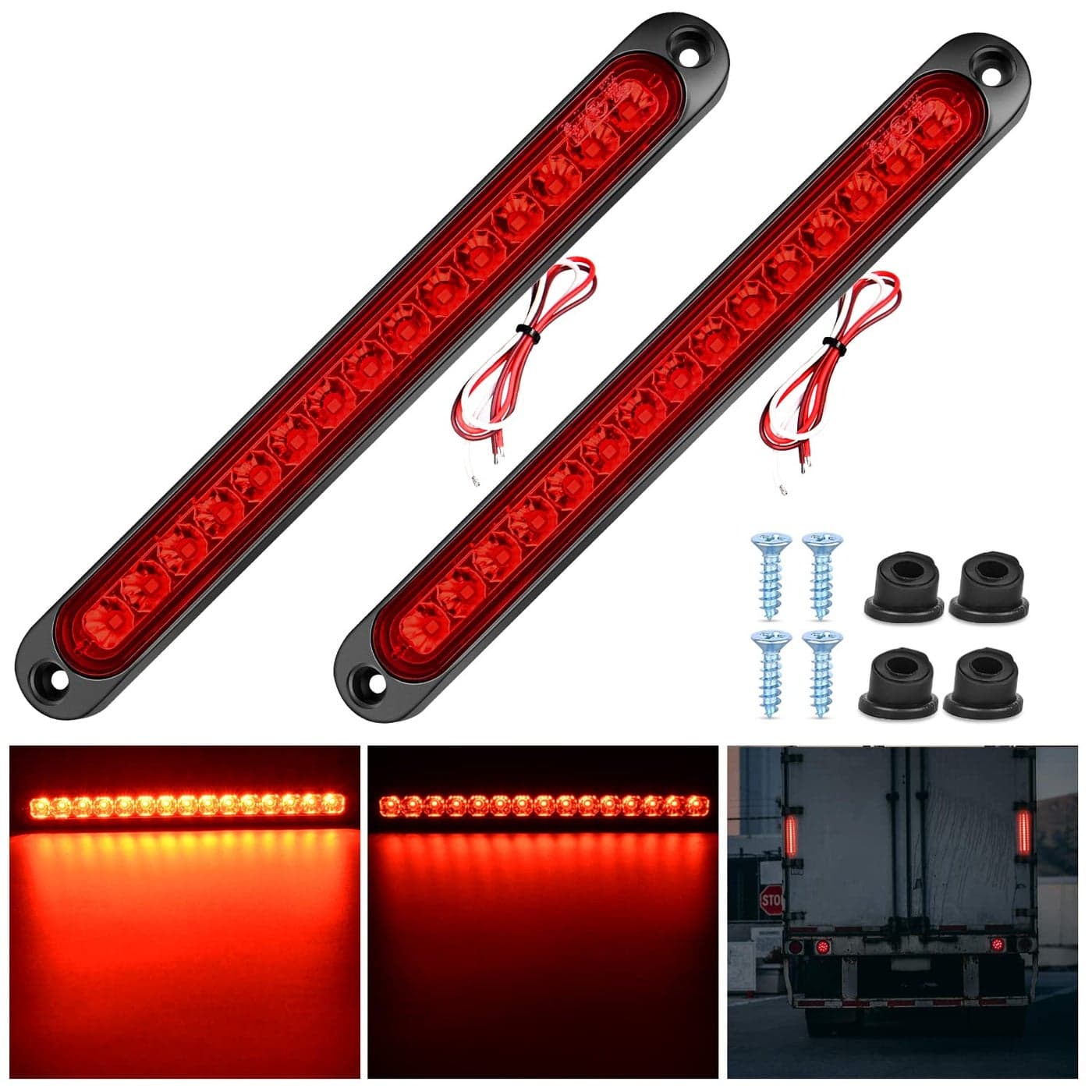 Nilight 2PCS 10Inch 15 LED Red Trailer Light Bar for Park Stop Turn Tail Brake Lights IP67 Waterproof Marker ID Clearance Strip for Truck Golf Cart Pickups Boats