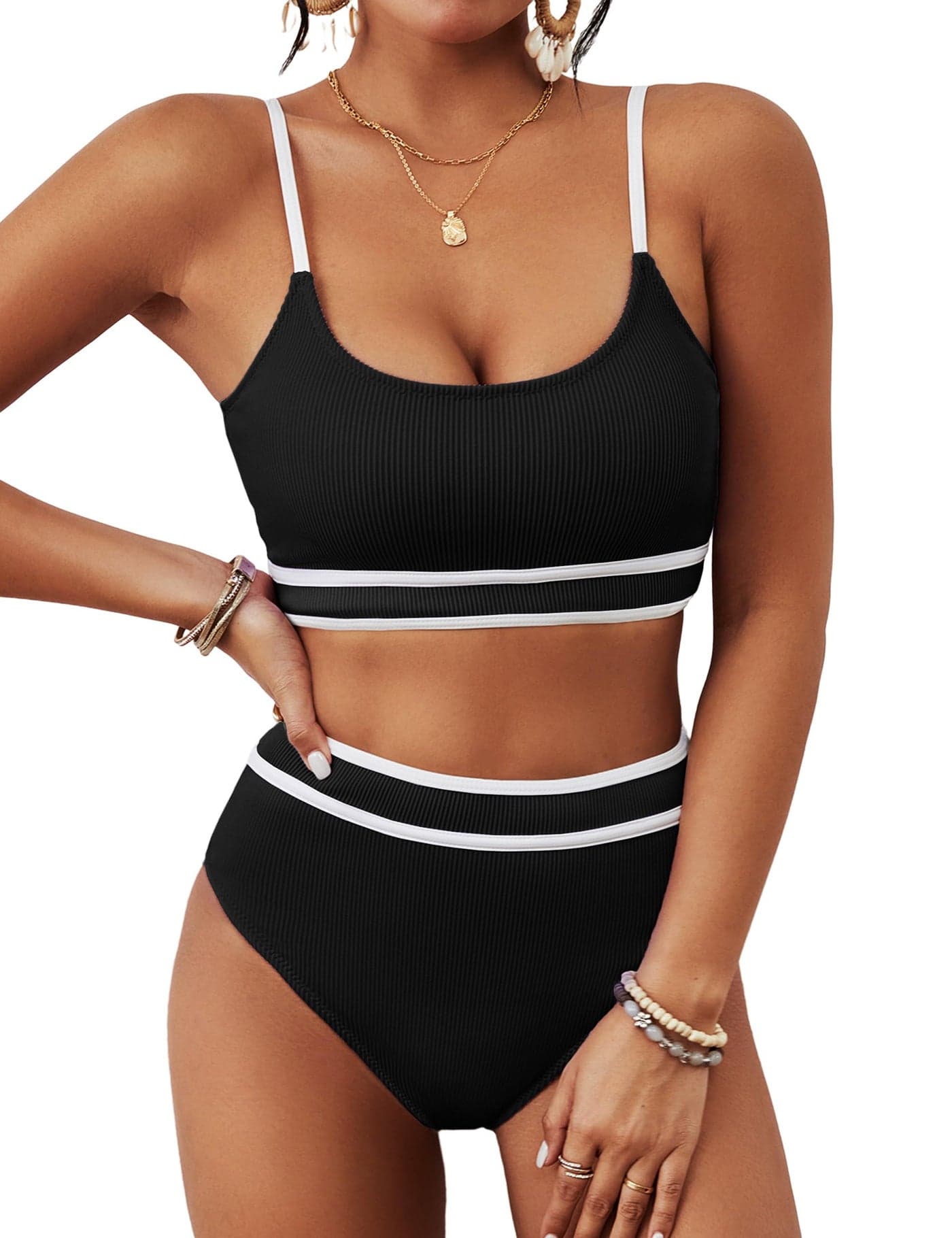 BMJL Women's High Waisted Bikini Ribbed Two Piece Swimsuit High Cut Color Block Adjustable Straps Bathing Suit(L,Black)
