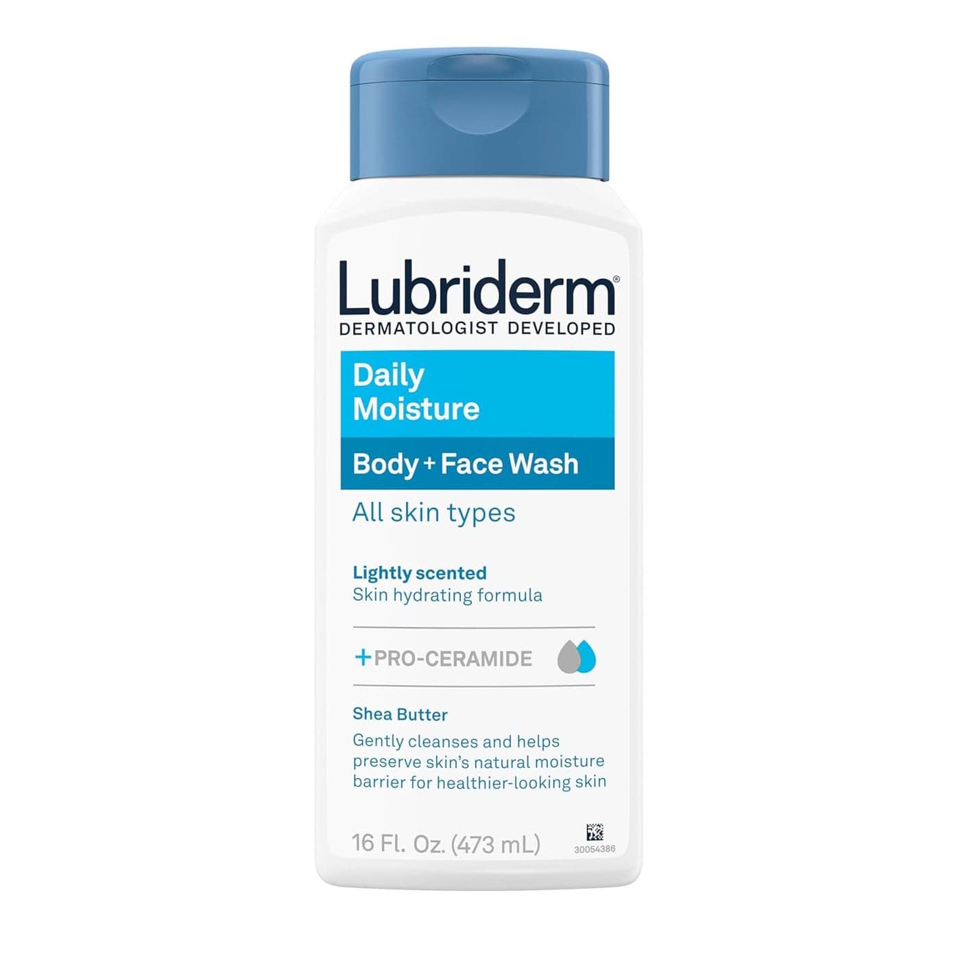 Lubriderm Daily Moisture BodyFace Wash Hydrating Body Wash Moisturizing Facial Cleanser with ProCeramide Shea Butter to Gently Cleanse Light Fragrance Hypoallergenic 16 fl oz