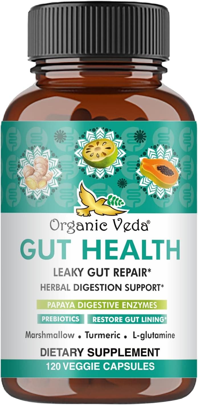 Organic Veda Marshmallow Turmeric Gut Supplement Digestion Health Leaky Gut Repair Cleanse Support Papaya Digestive Enzymes Prebiotics LGlutamine Green Banana Psyllium Husk 120 Capsule