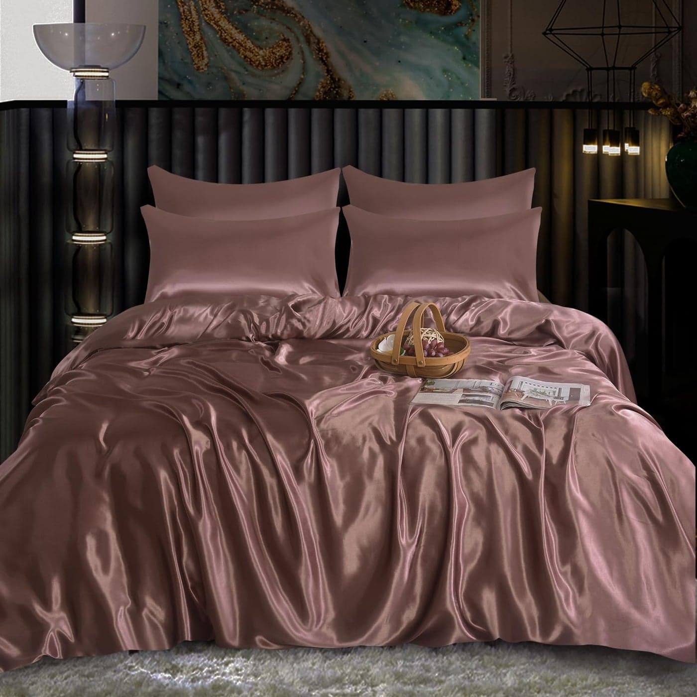 ROOEE Satin Silk Complete Bedding Set 6 PCS Fitted sheet Duvet Cover 4 Pillow Cases Color BlushPink Size King