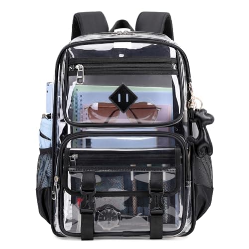 Sisipoet Clear Backpack for School PVC Clear Bookbag Heavy Duty Transparent Backpack for Stadium Events Multiple Pockets See Through Bag for Teens Students Women Men with Leather Pendant Black
