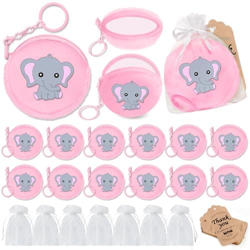 KeeStar 12 Pack Pink Elephant Coin Purse with Zipper KeychainWallet Bag Party Favors for Elephant Birthday Party DecorationAnimal Themed Baby ShowerSchool Carnival RewardsTravelClassroom Prize