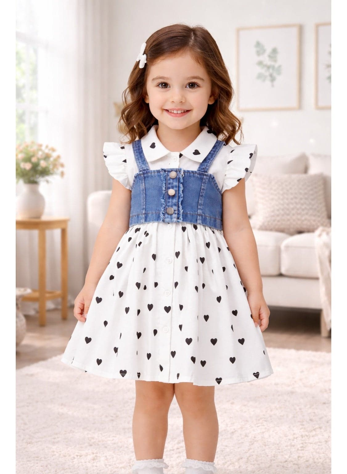 Girls Denim Layered Heart Print Dress | Cute Summer Party Dress for Girls 4–5 Years | Stylish Casual & Birthday Outfit