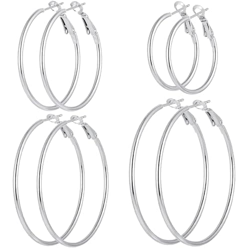 4 Pairs Silver Plated Hoop Earrings for Women Lightweight Hypoallergenic Silver Hoops Stainless Steel Hoop Earrings Loop Earrings Set
