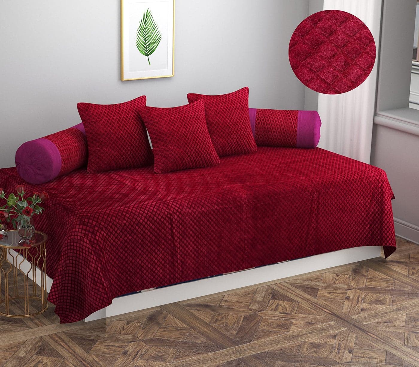 Zesture Velvet Touch Pixel Design diwanset (Maroon, Diwan Set (1+2+3))