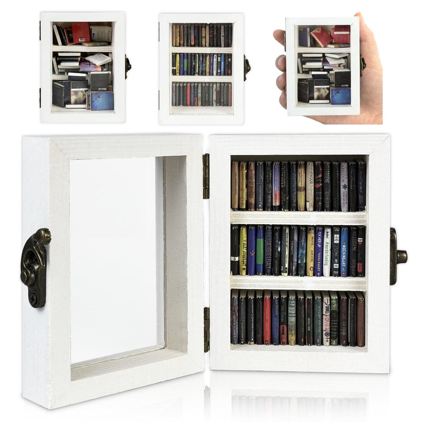 Anxiety Bookshelf Mini Book Shelfs Ornament Miniature Bookshelf Decor Shake Away Your Anxiety Miniature Library with 60pcs Mini Books for Book Lovers Home Room Office Decor White