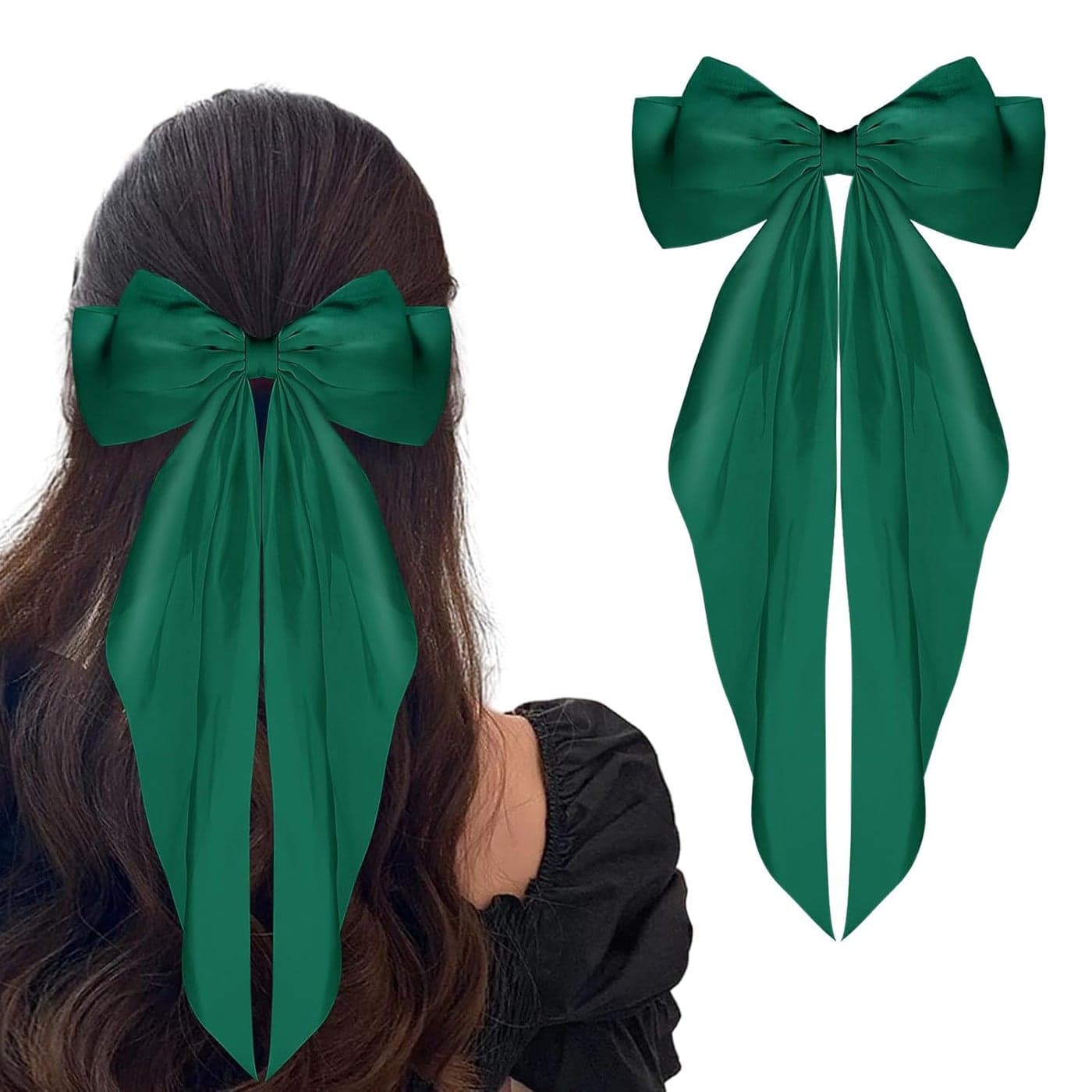 WLLHYF Satin Silky Long Tail French Barrettes Bowknot Metal Hair Pins Hair Clamps for Women and Girls Perfect for Weddings Birthdays Parties Green