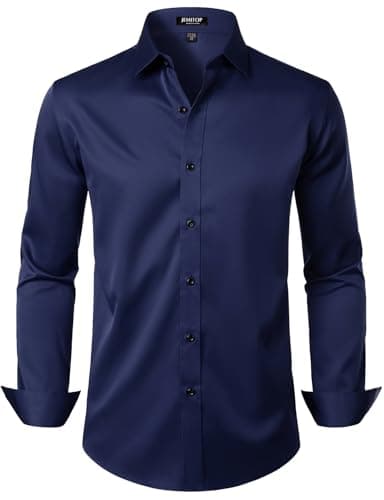 JEMITOP Men's Stretch Wrinkle Free Dress Shirts Formal Wedding Prom Long Sleeve Button Down Shirt Navy XL
