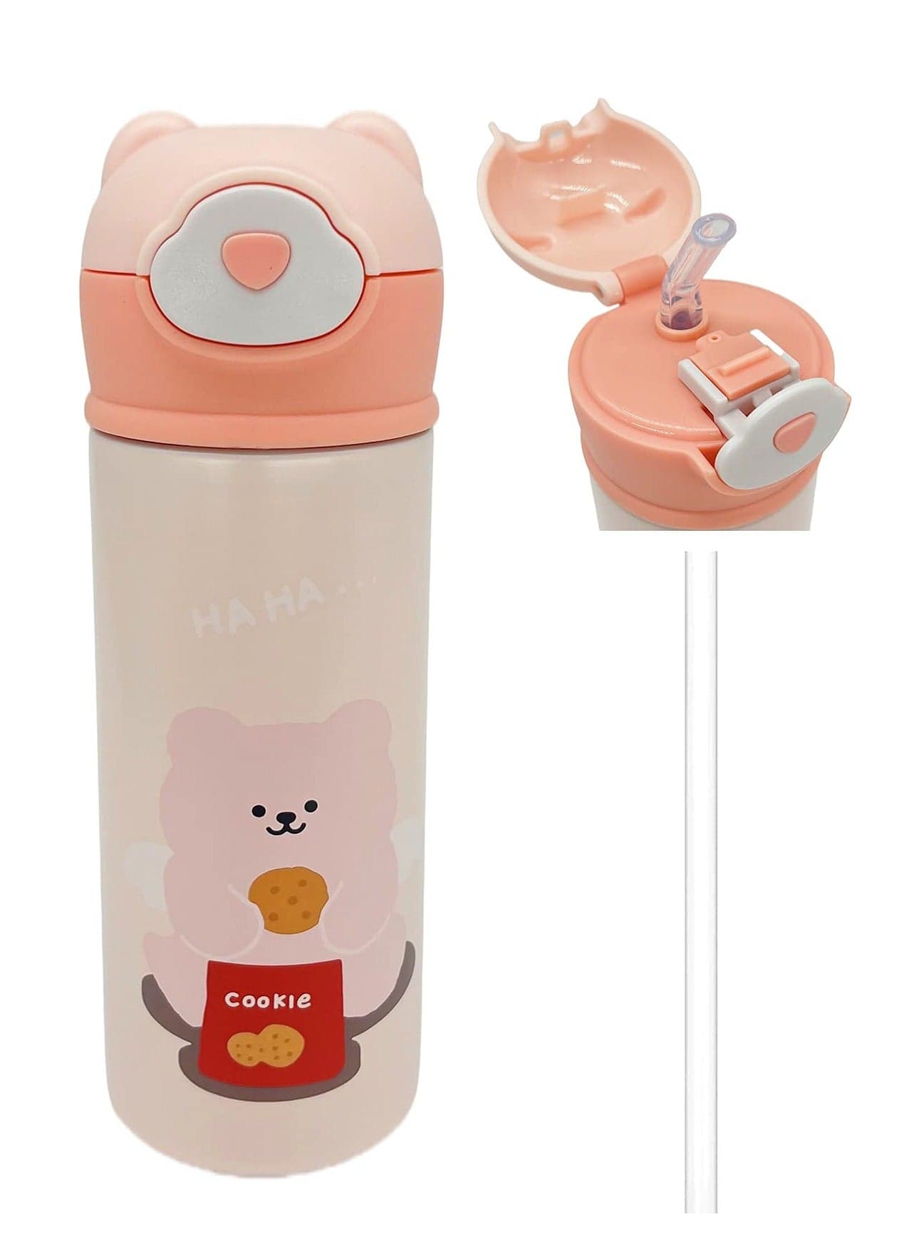 Kids Vacuum Insulated Water Bottle with Straw, 14Ounce Leak-Proof Stainless Steel Cute Little bear Thermos for Children Hot and Cold Drinks Travel Easy to Carry for Outdoor Travel (Pink)