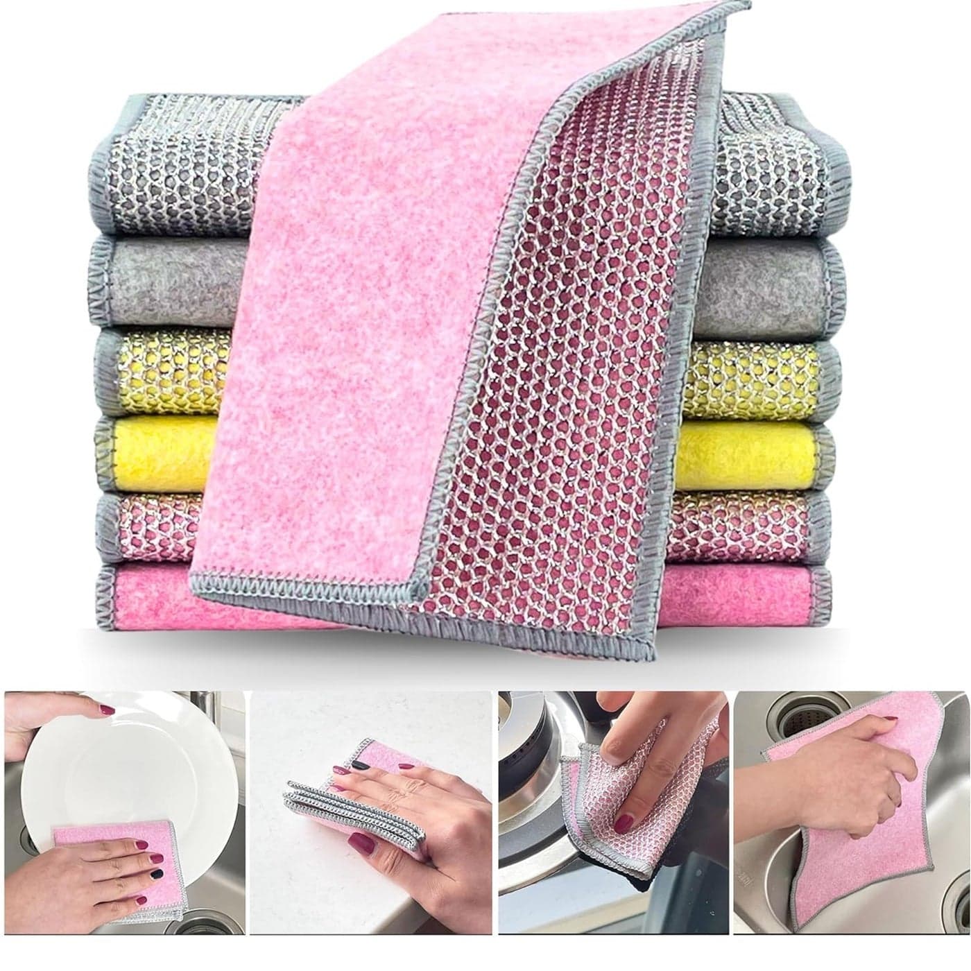 Abhaymart 12 Pcs Non Scratch Dish Wash Cloth Multipurpose Dual Side Wire Microfiber Dishwashing Rags for Wet and Dry Easy Rinsing Reusable Cleaning Cloth for Kitchen Sinks