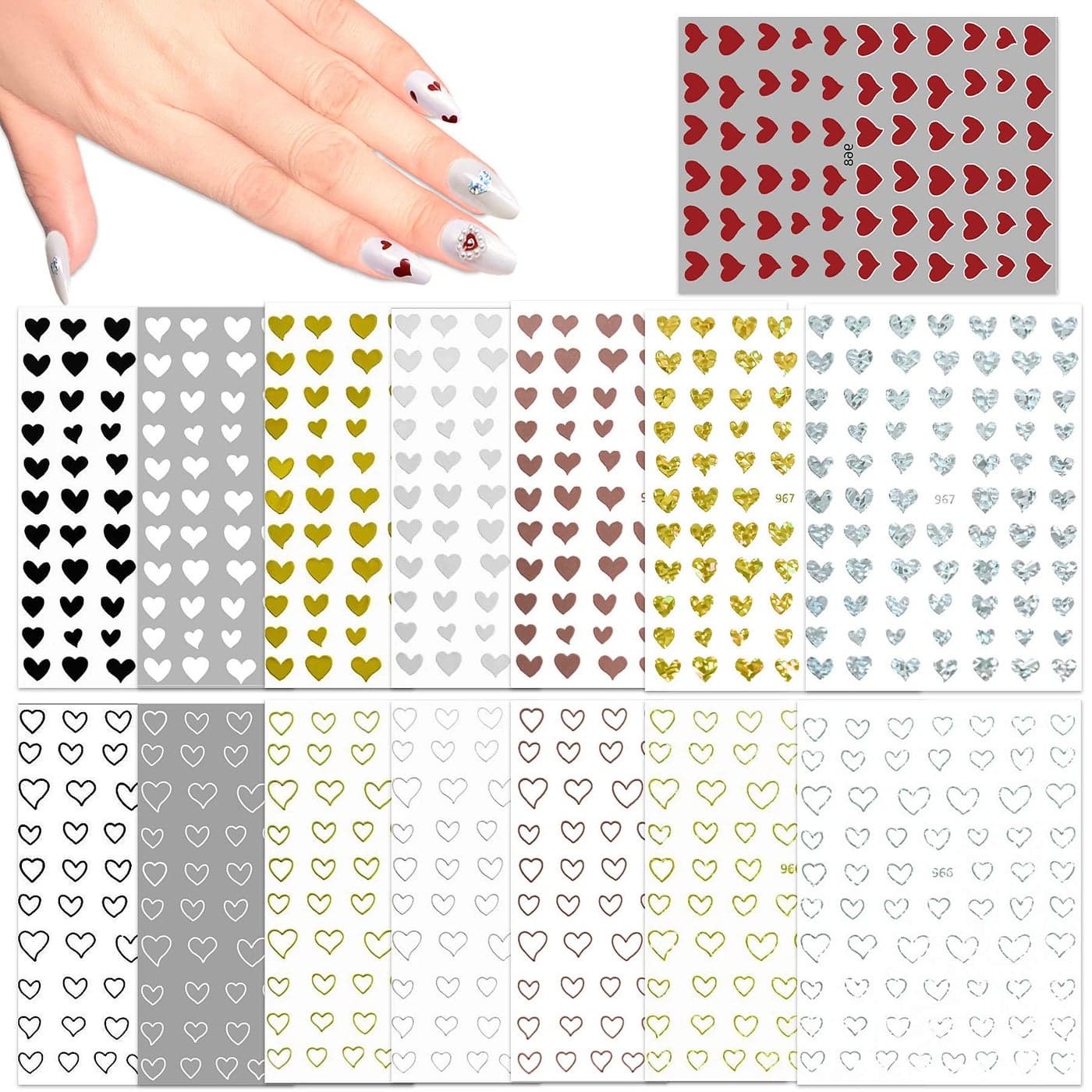 15 Large Sheets Hearts Nail Stickers for Women Girls Kids 3D Self Adhesive Heart Nail Decals for Natural Fingernails and Acrylic Nails Heart Nail Decor for Nail Art Design DIY Nail Decoration