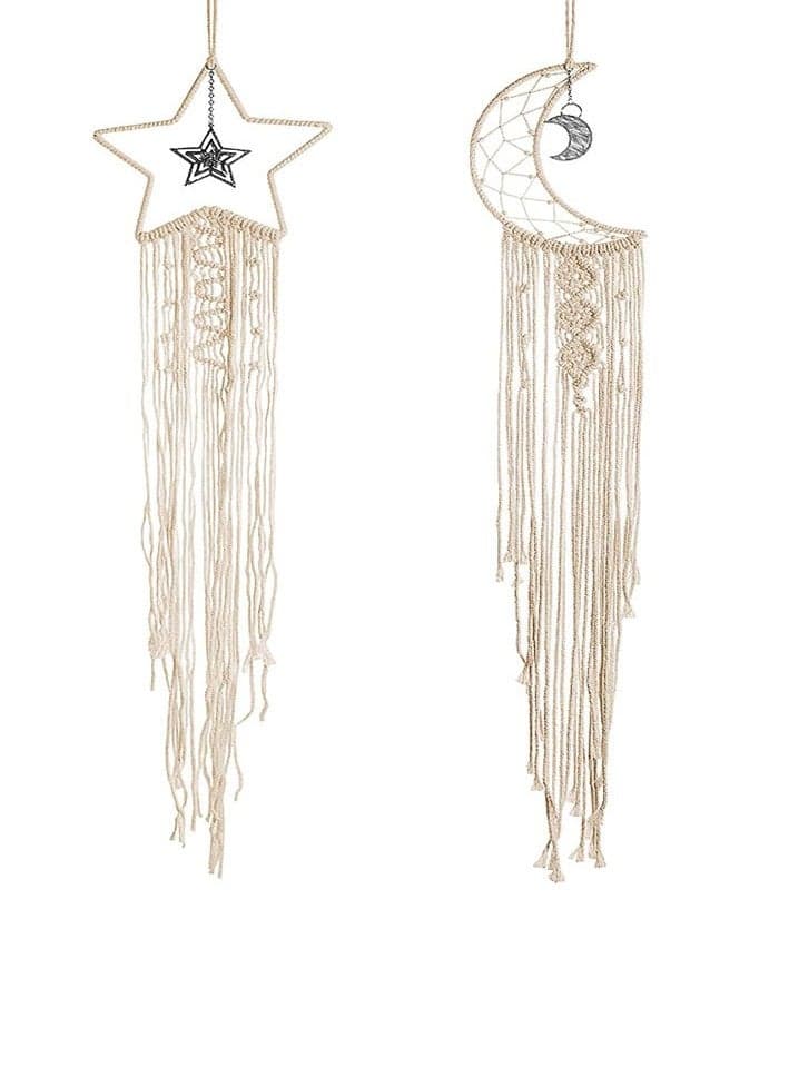 2pcs/ Set Star and Moon Macrame Wall Hanging Decor Handmade Woven Tapestry Tassel Wall Hanging Ornaments Boho Wall Hanging Apartment Room Home Office Room Gallery Decoration