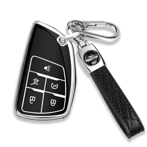 QBUC for Chevy Key Fob Cover with Keychain Soft TPU Protection Case Compatible with 2021-2026 Chevy Equinox Blazer Tahoe Suburban GMC Yukon Denali Silverado 5-Buttons(Chrome Trim Black)