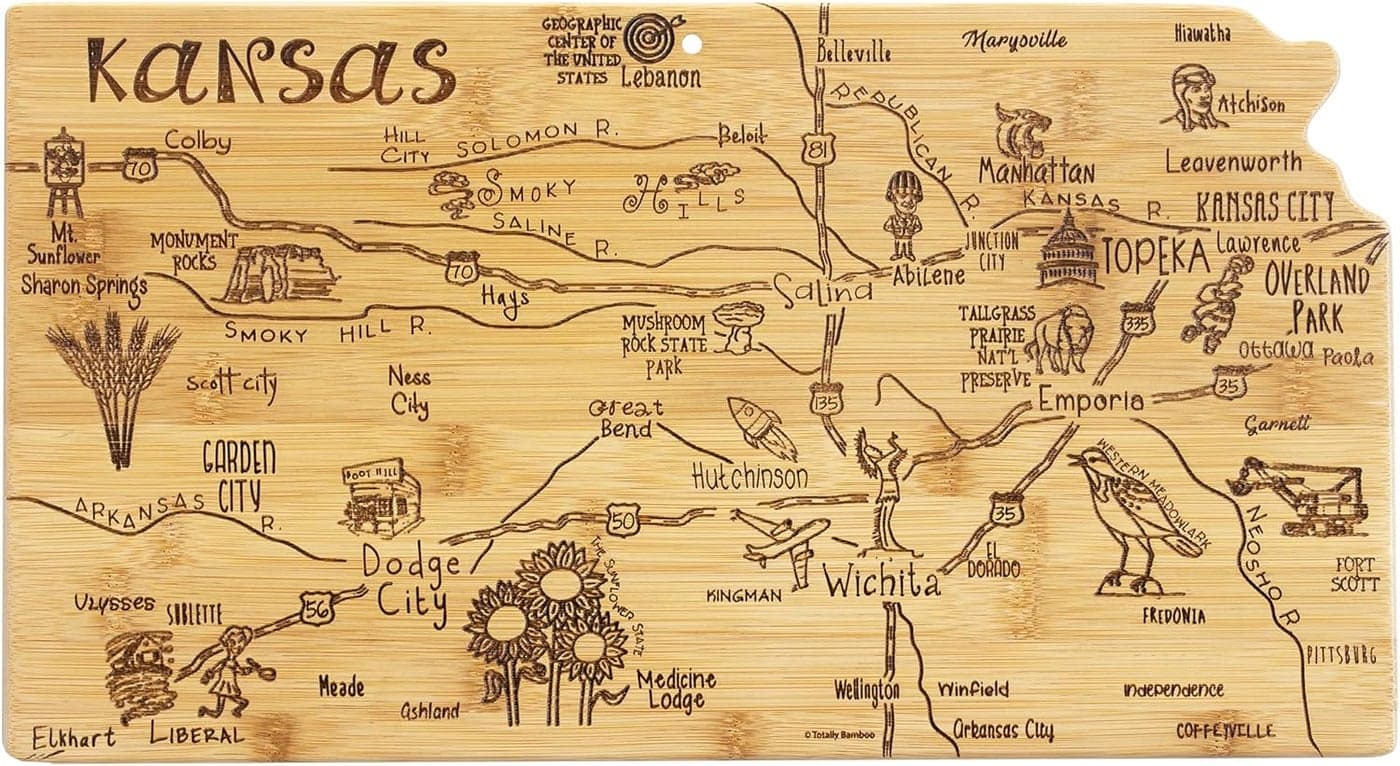 Totally Bamboo Destination Kansas State Shaped Serving and Cutting Board Includes Hang Tie for Wall Display
