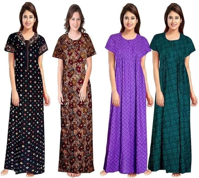 XAKALAKA Women's Cotton Nightgown Pack of 4 – Printed Maxi Nighties | Ankle-Length Sleepwear | Free Size Night Dress for Ladies | Soft & Breathable Loungewear (Option_5, Free Size)