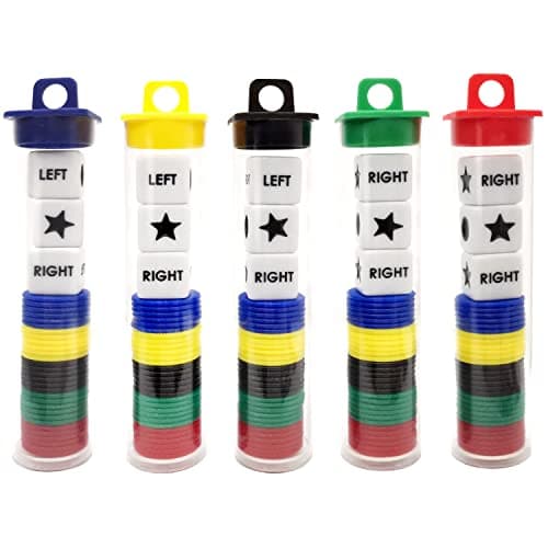 Ahoper Left Right Center Dice Game Prime Set Bundle with 3 Dices 30 Chips 5 Pack Round Tube Storage is Very Convenient for Travel Easy to Store Carry Around