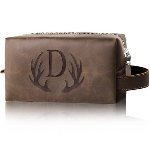 Aganmi Personalized Travel Toiletry Bag for Men Initial Letter PU Leather Waterproof Shaving Bag for Toiletries Accessories Travel Essentials Storage Bags Fathers Day Birthday Gifts for Men D