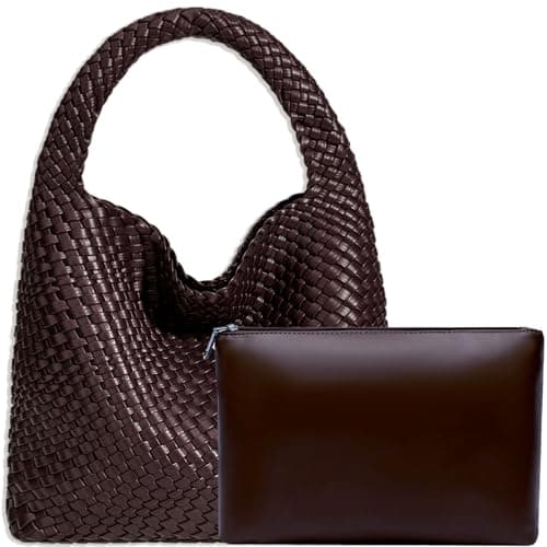 Women Vegan Leather Hand-Woven Tote Handbag Fashion Shoulder Top-handle Bag All-Match Underarm Bag with Purse (Coffee)